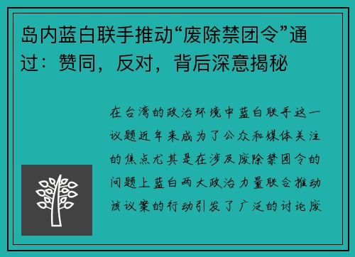 岛内蓝白联手推动“废除禁团令”通过：赞同，反对，背后深意揭秘