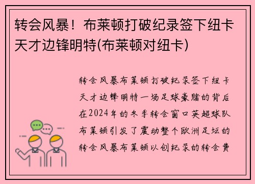 转会风暴！布莱顿打破纪录签下纽卡天才边锋明特(布莱顿对纽卡)