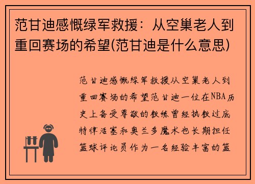 范甘迪感慨绿军救援：从空巢老人到重回赛场的希望(范甘迪是什么意思)