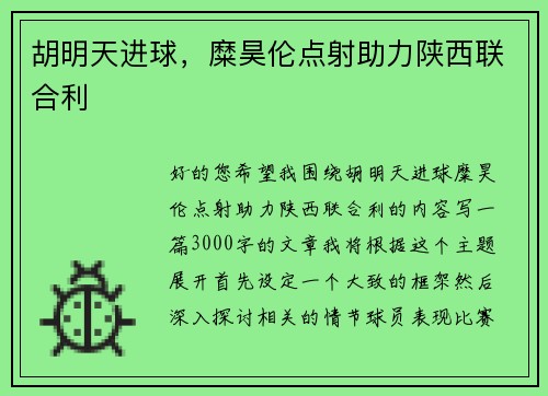 胡明天进球，糜昊伦点射助力陕西联合利