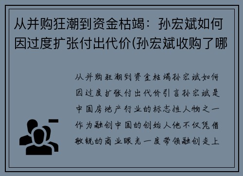 从并购狂潮到资金枯竭：孙宏斌如何因过度扩张付出代价(孙宏斌收购了哪些)