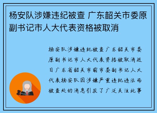 杨安队涉嫌违纪被查 广东韶关市委原副书记市人大代表资格被取消