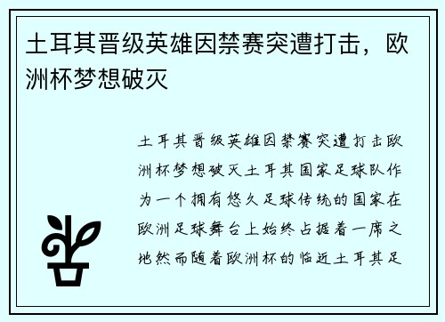土耳其晋级英雄因禁赛突遭打击，欧洲杯梦想破灭