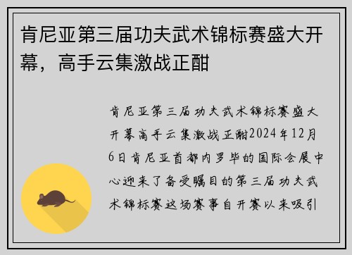 肯尼亚第三届功夫武术锦标赛盛大开幕，高手云集激战正酣
