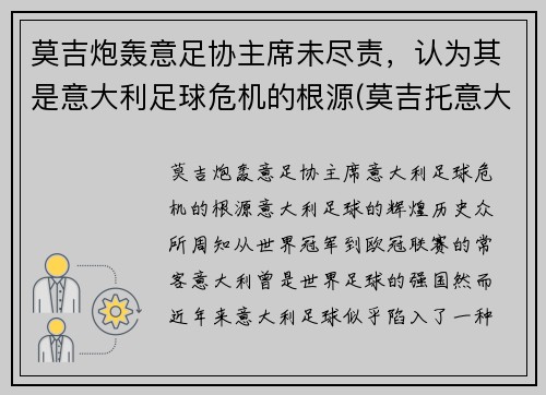 莫吉炮轰意足协主席未尽责，认为其是意大利足球危机的根源(莫吉托意大利文)