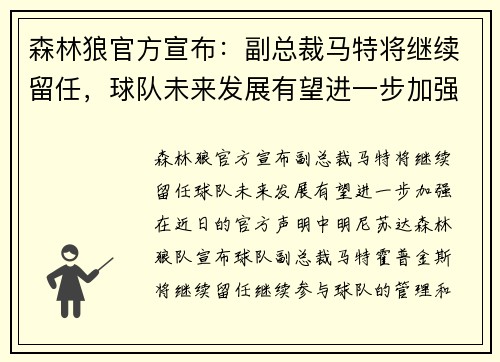 森林狼官方宣布：副总裁马特将继续留任，球队未来发展有望进一步加强